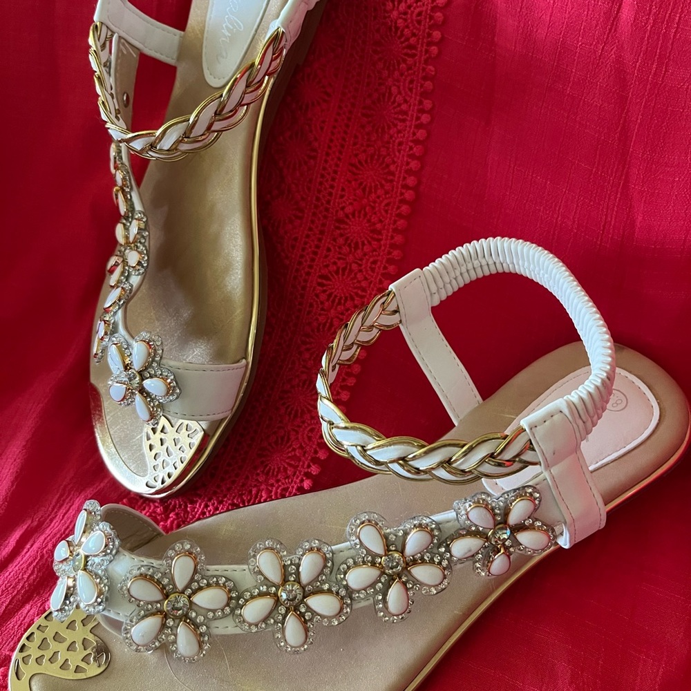 Atalina White Rhinestone Embellished Floral flat sandals